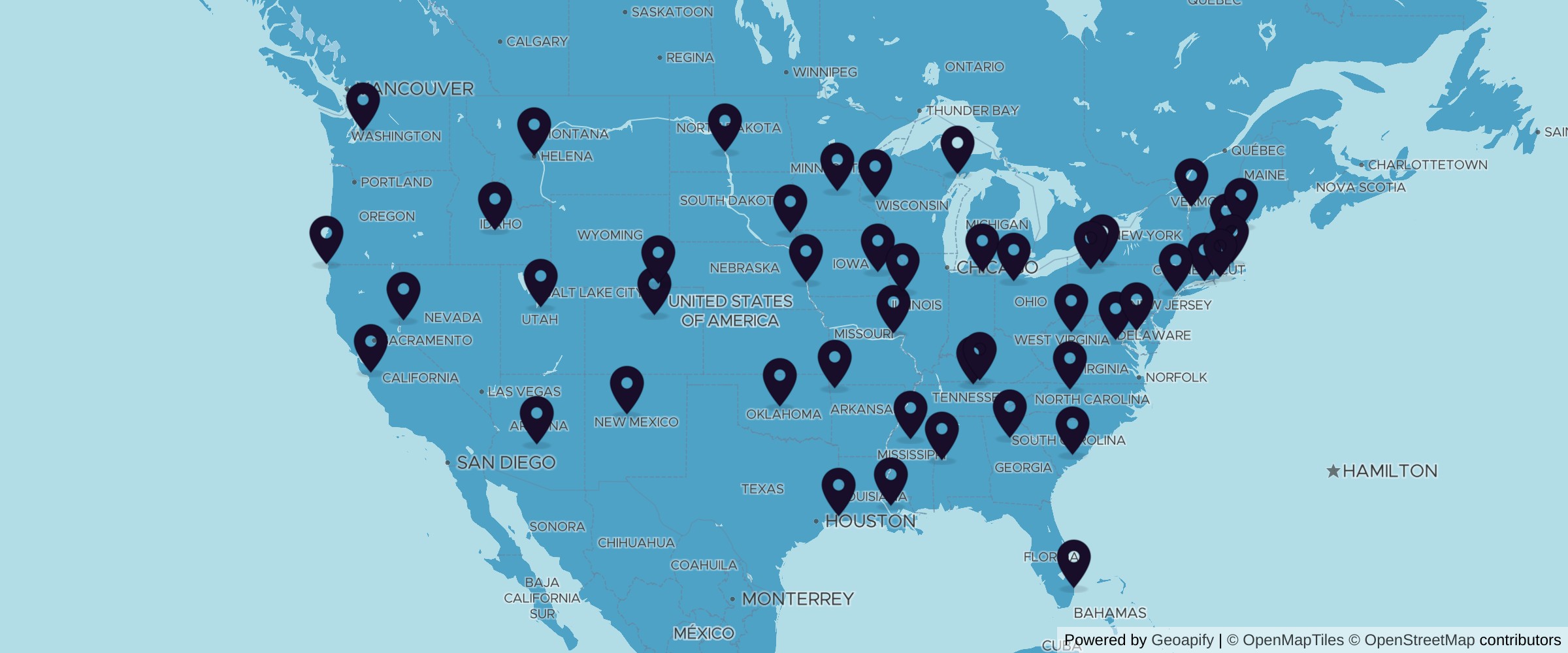 Map of hardwood lumber suppliers across the United States