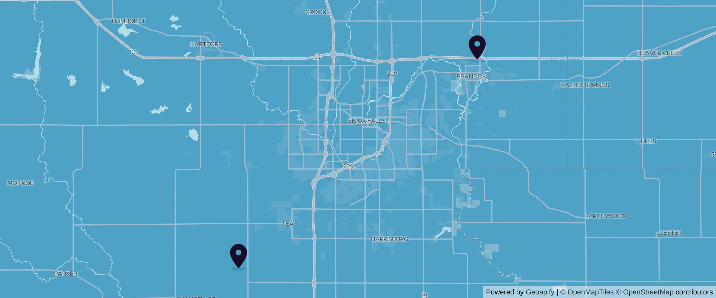Map of 2 hardwood lumber suppliers across South Dakota