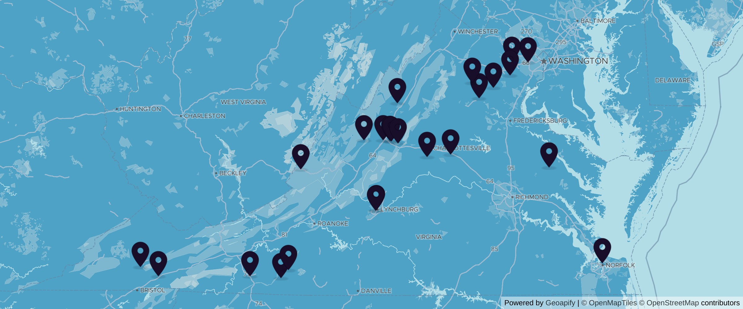 Map of 24 hardwood lumber suppliers across Virginia