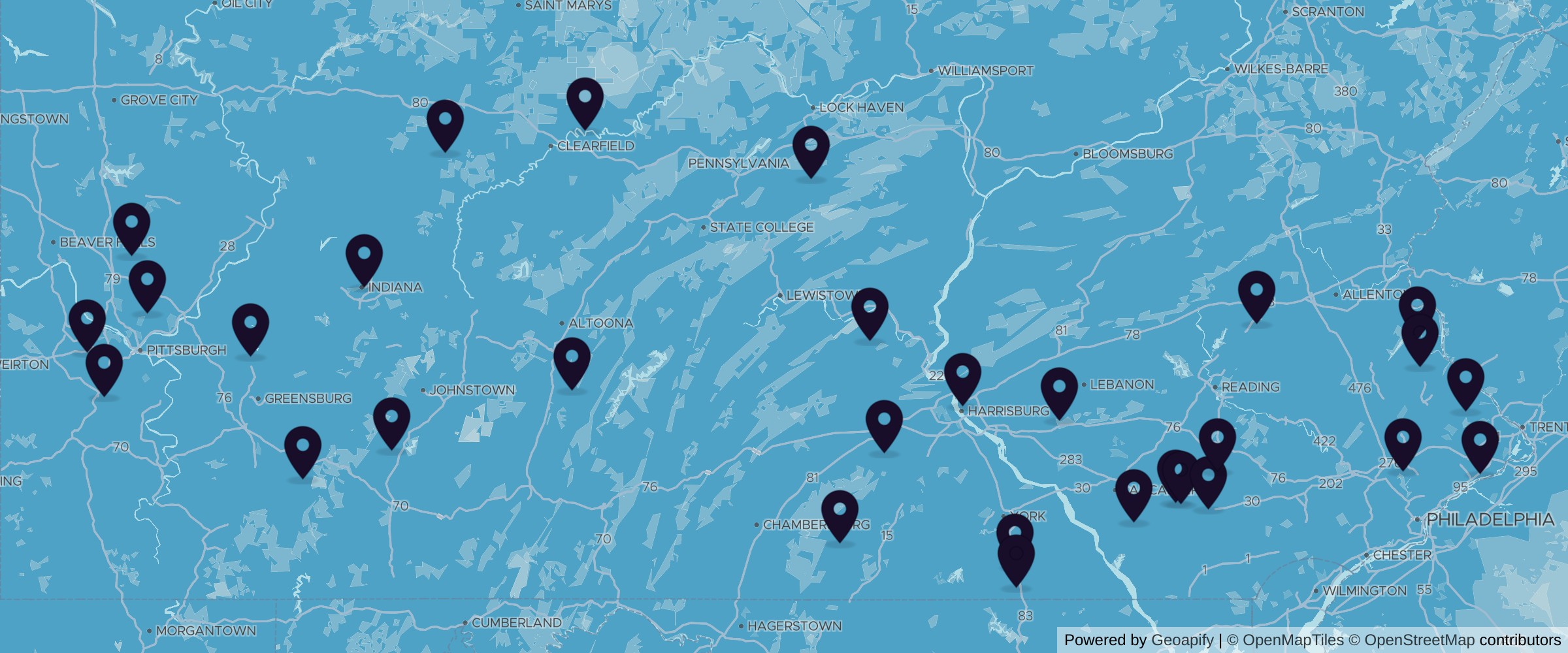 Map of 33 millwork suppliers across Pennsylvania