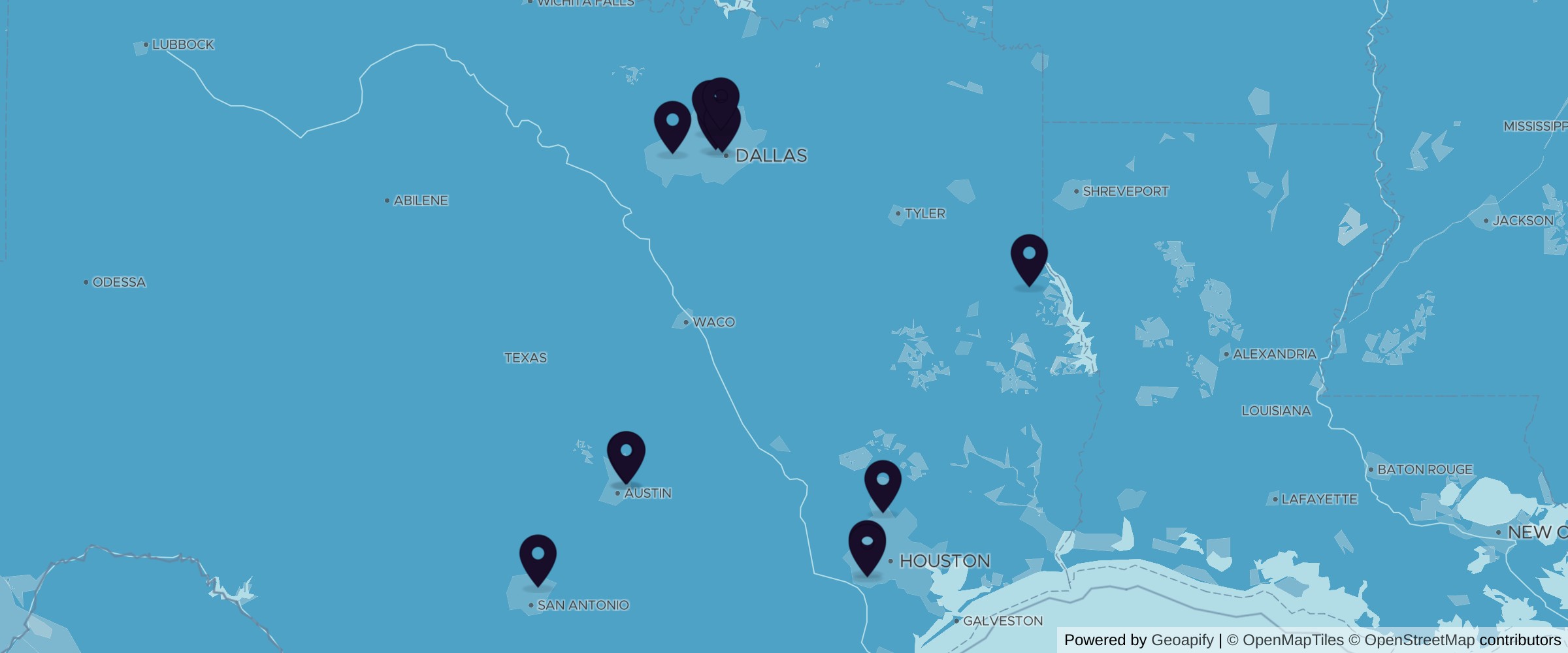 Map of 12 wood flooring suppliers across Texas