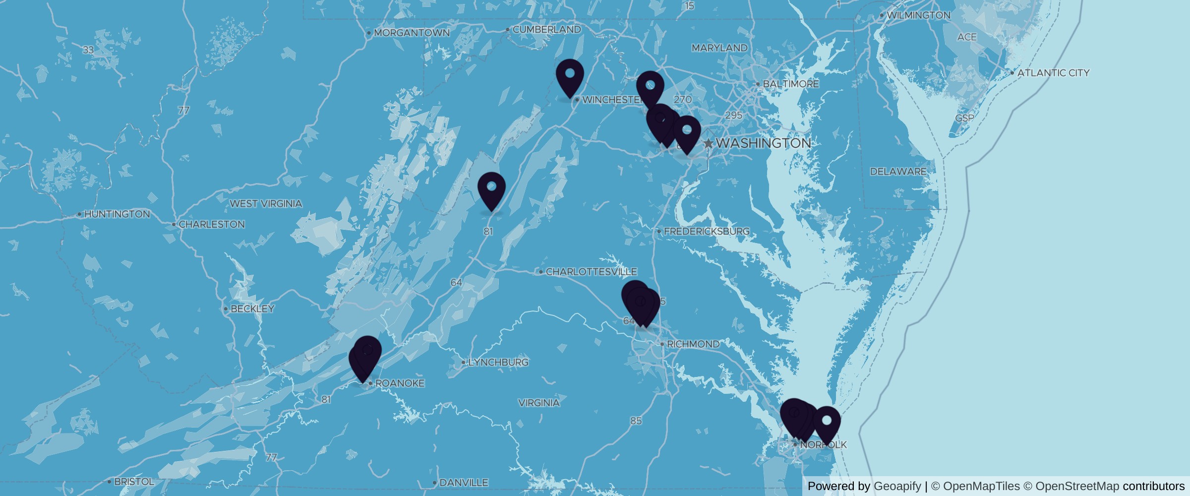 Map of 15 woodworking supply suppliers across Virginia